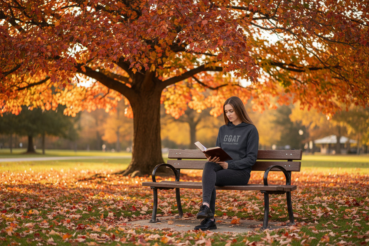 GOAT Hoodie Tee — "God Over All Things" Christian Long-Sleeve Hooded Shirt Heather Navy