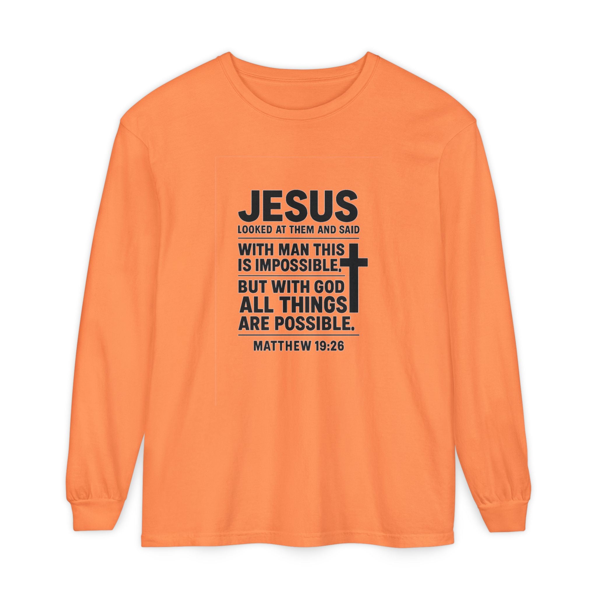 Christian Long Sleeve T-Shirt — "With God All Things Are Possible" (Matthew 19:26) Melon