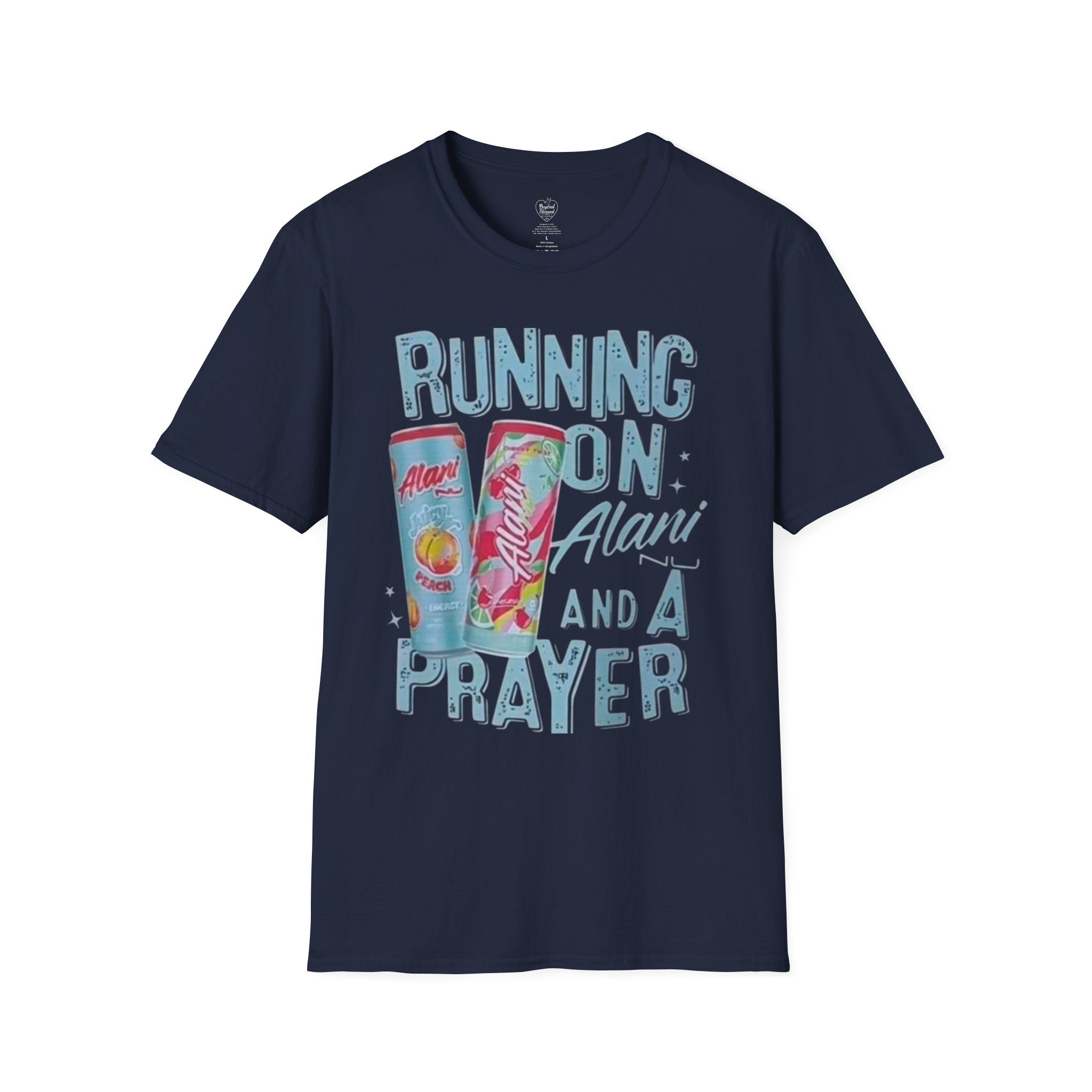 Christian T-Shirt — "Running on an Alani and a Prayer" Navy