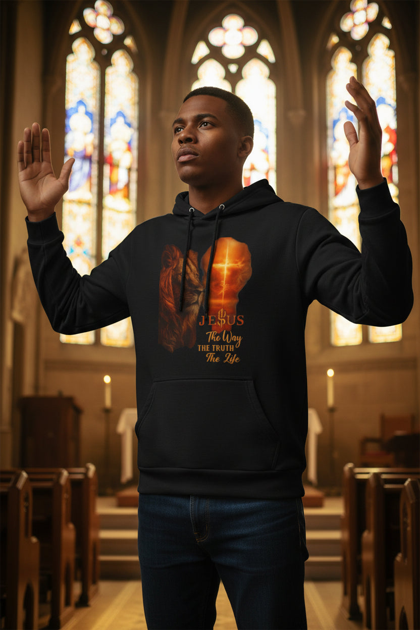 Christian Hoodie — "Jesus the Way the Truth the Life" Lion & Cross Black