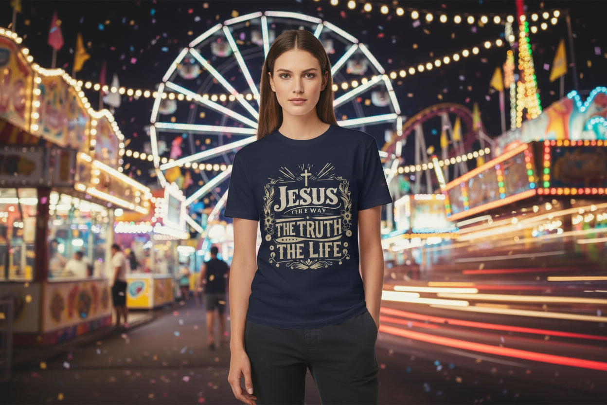 Christian T-Shirt — "Jesus the Way the Truth the Life" Faith Tee Navy