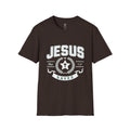 Jesus Saves Matthew 1:21 T-Shirt — Star & Cross Christian Tee Dark Chocolate
