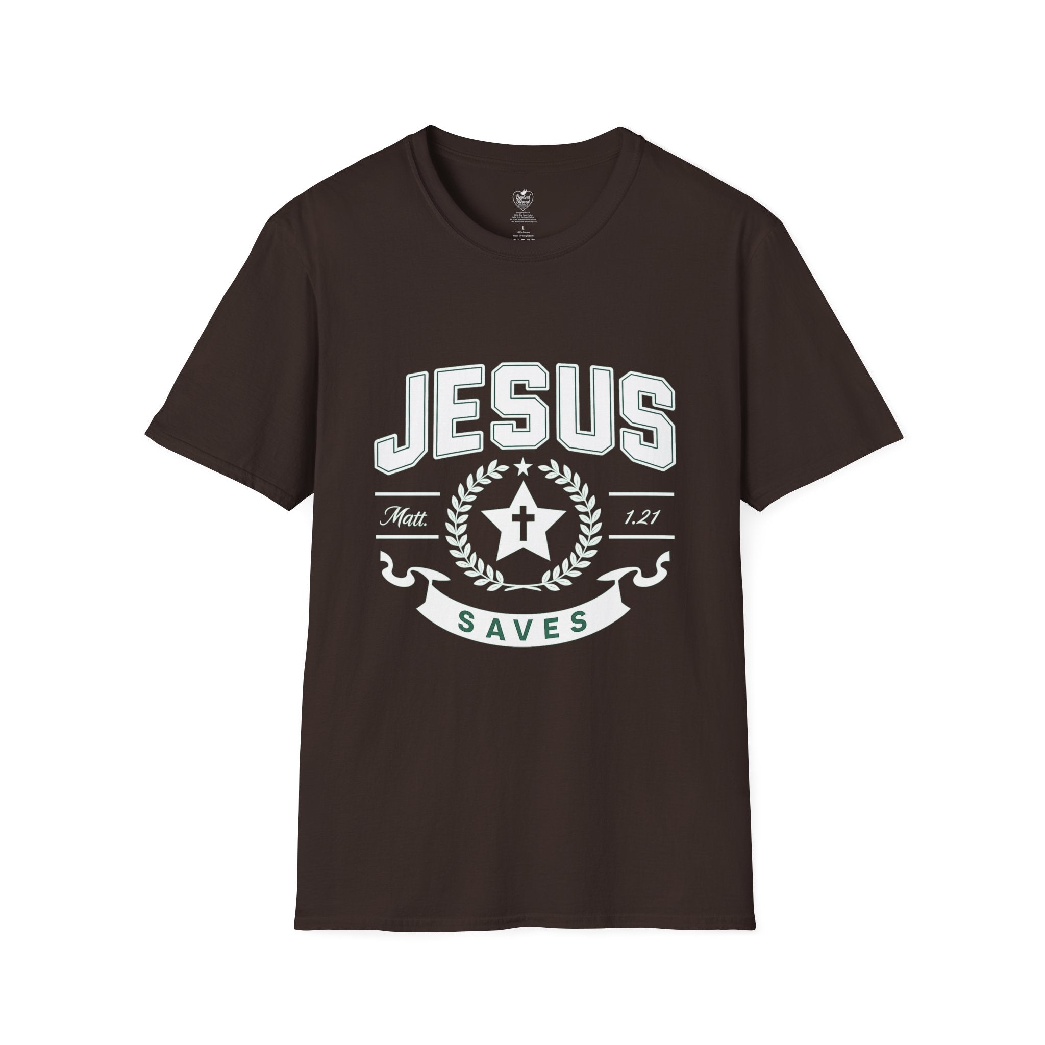 Jesus Saves Matthew 1:21 T-Shirt — Star & Cross Christian Tee Dark Chocolate