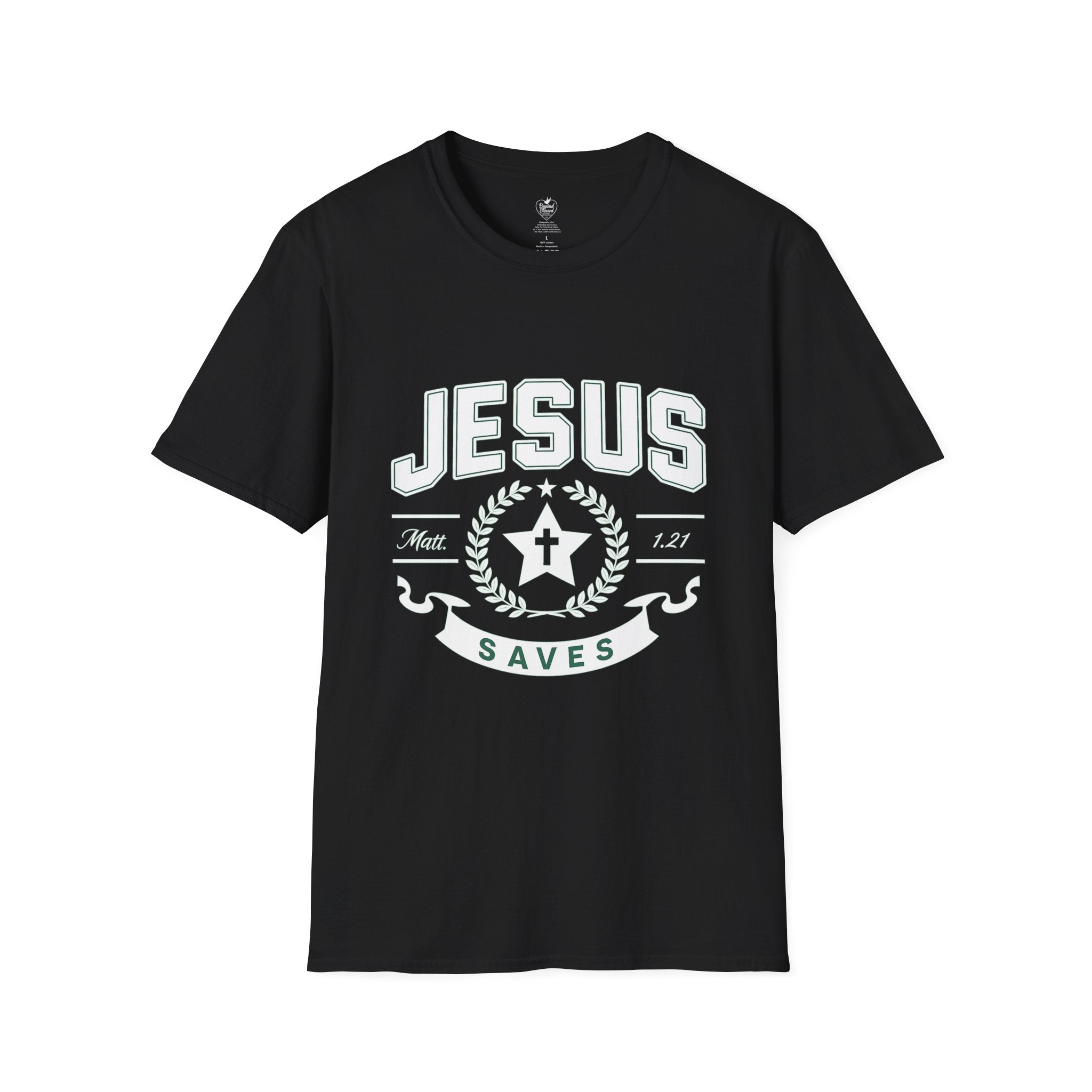 Jesus Saves Matthew 1:21 T-Shirt — Star & Cross Christian Tee Black