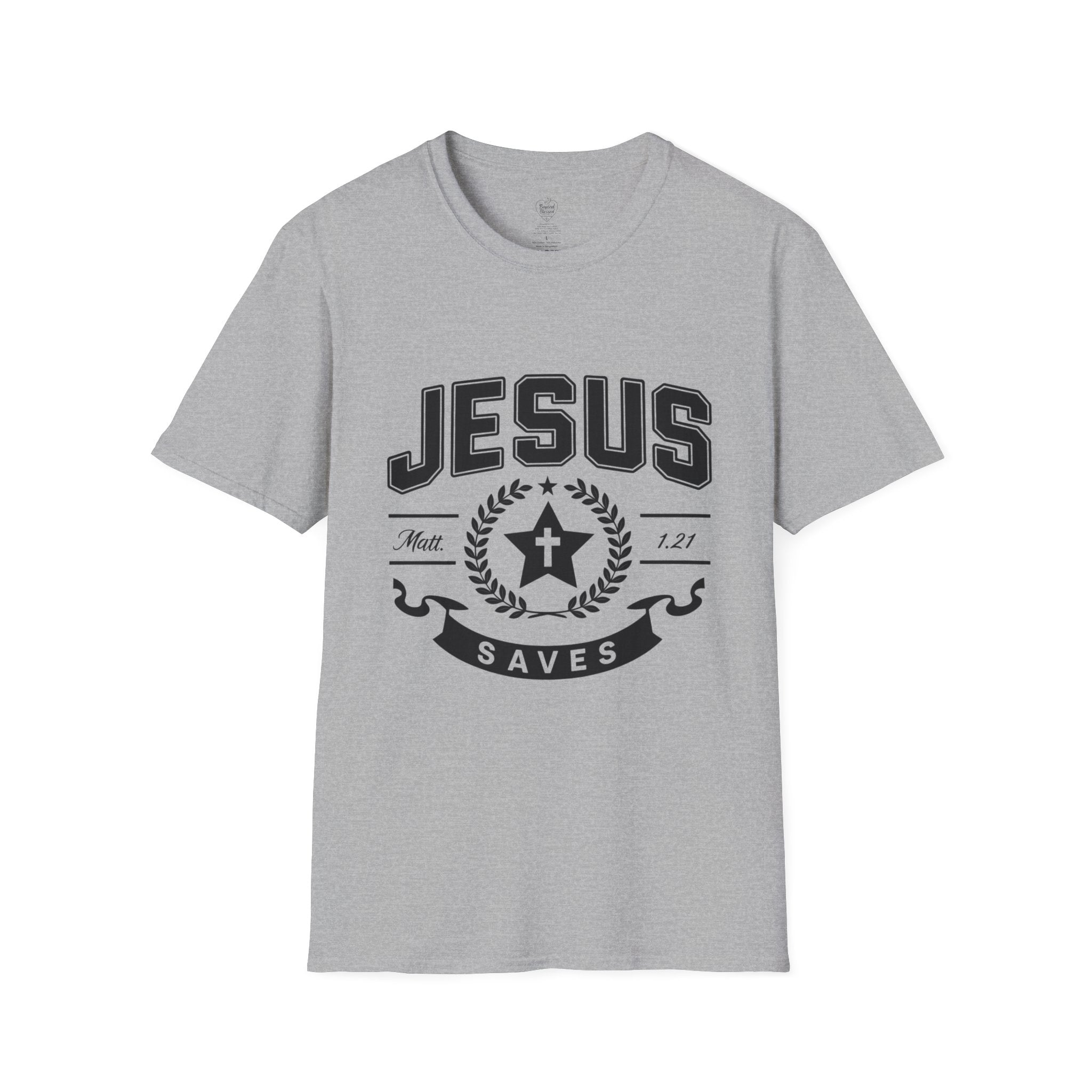 Jesus Saves Matthew 1:21 T-Shirt — Star & Cross Christian Tee Sport Grey