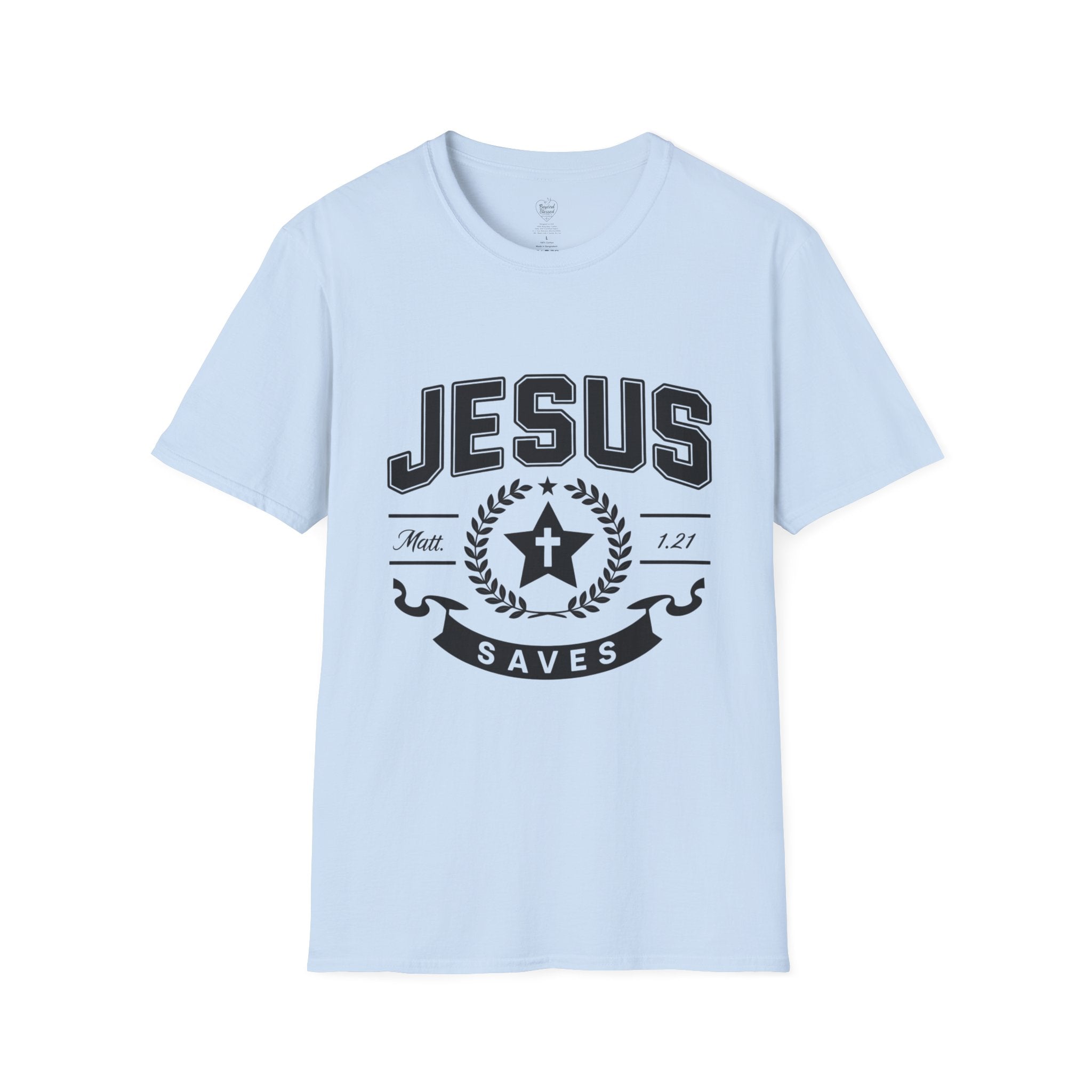 Jesus Saves Matthew 1:21 T-Shirt — Star & Cross Christian Tee Light Blue