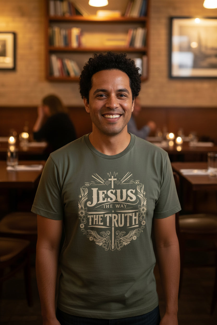 Christian T-Shirt — "Jesus the Way the Truth the Life" Faith Tee Military Green