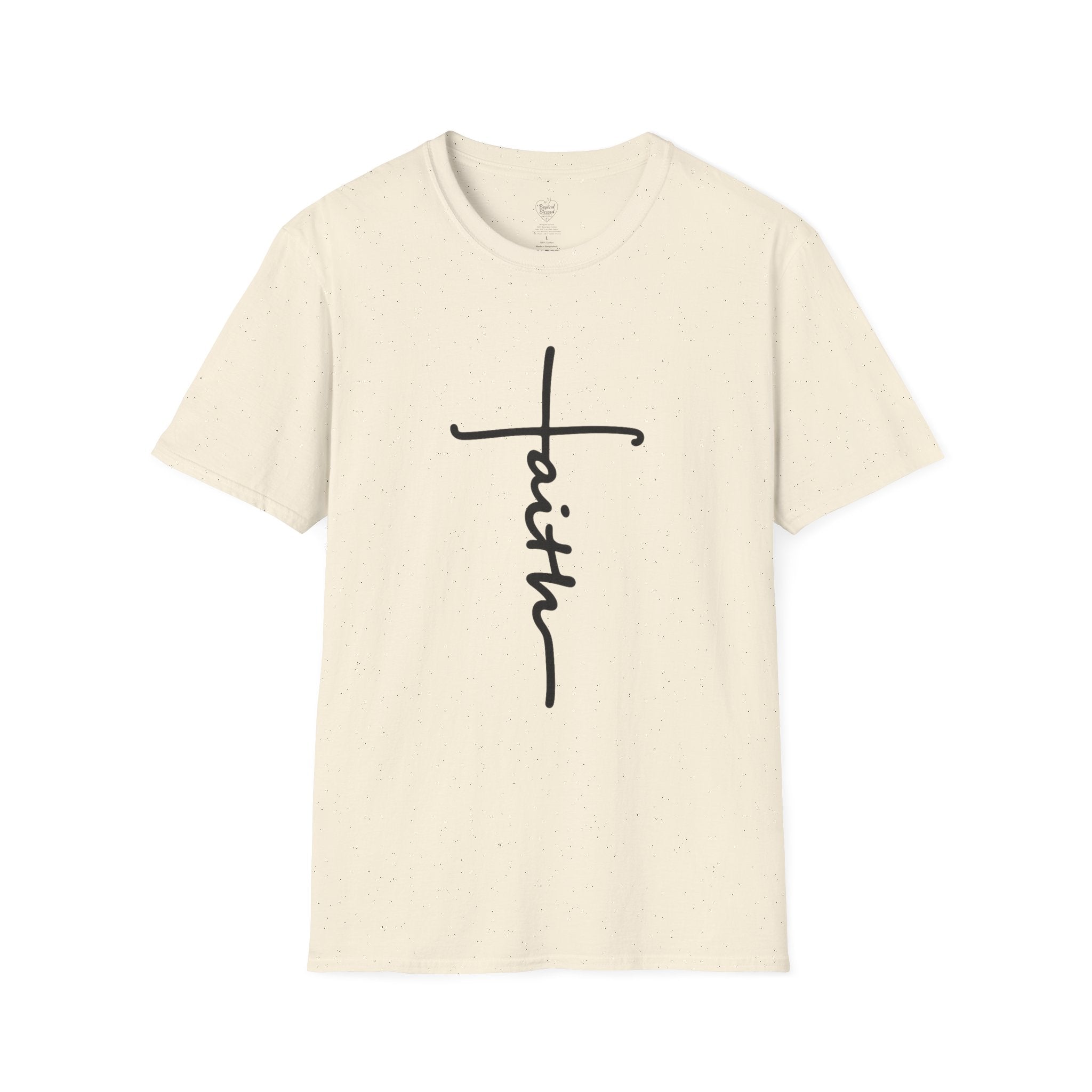 Cursive Faith Christian T‑Shirt – Minimalist Vertical Scripture Tee Natural