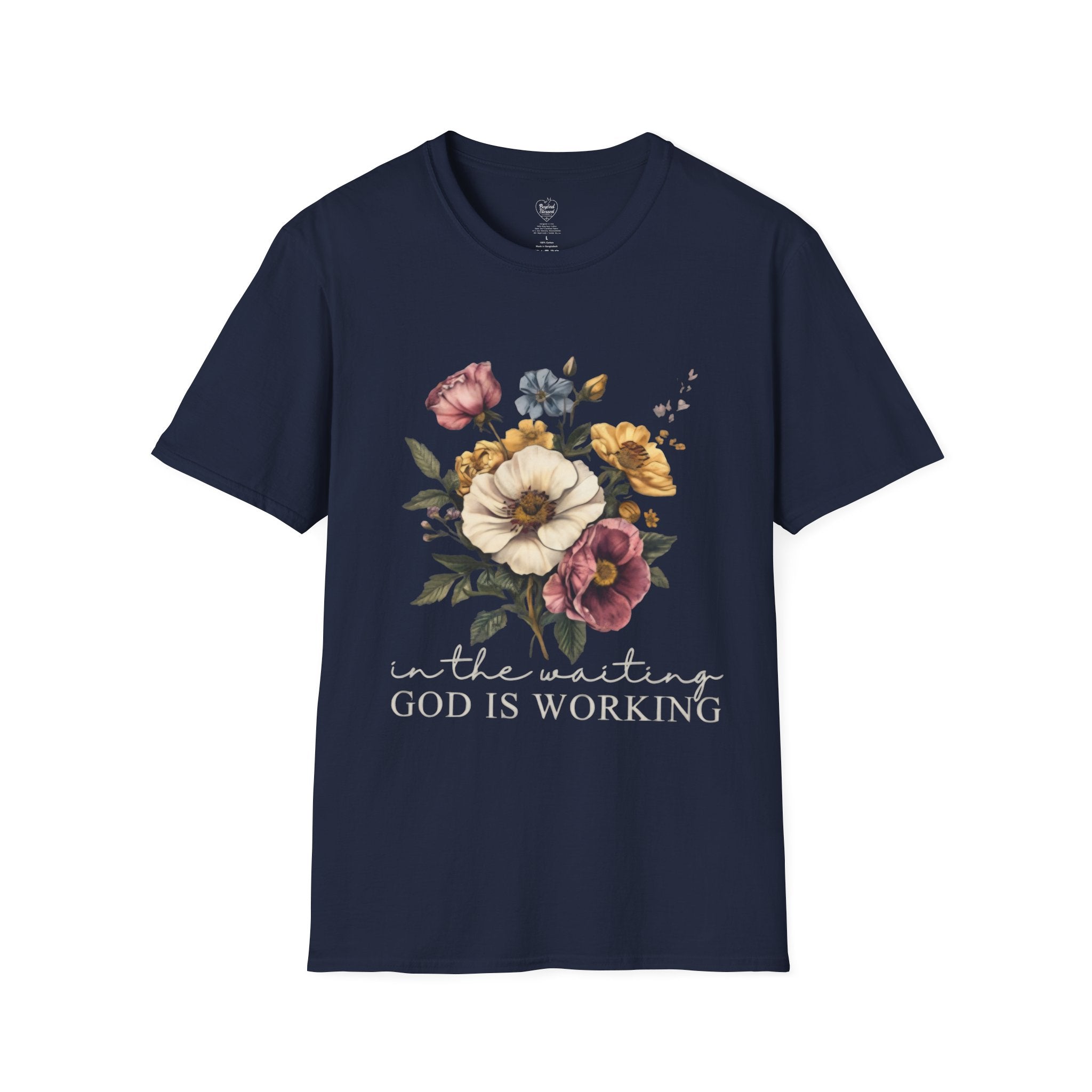 Christian T-Shirt — In the Waiting: God Is Working Navy