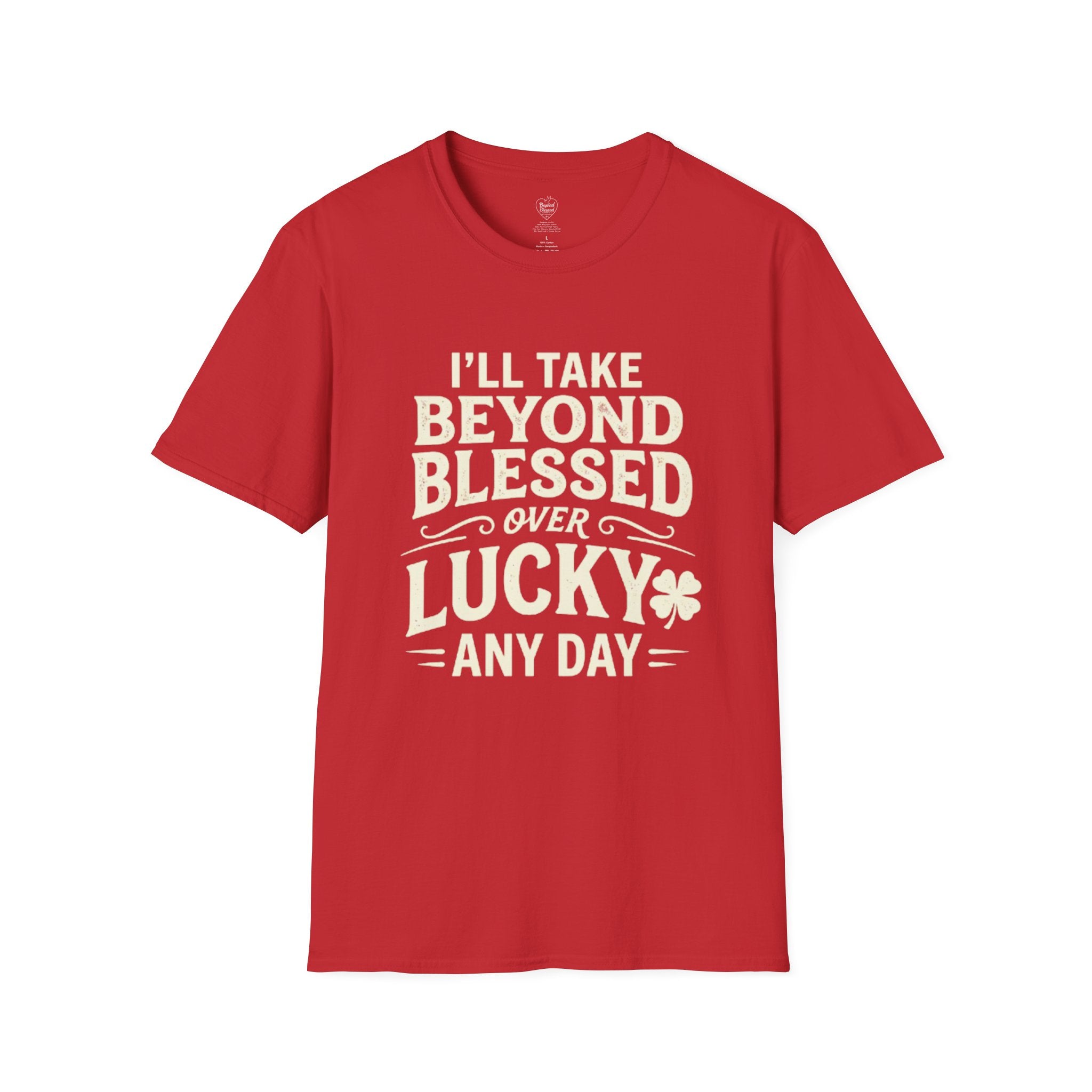 Red t-shirt with white text on a white background