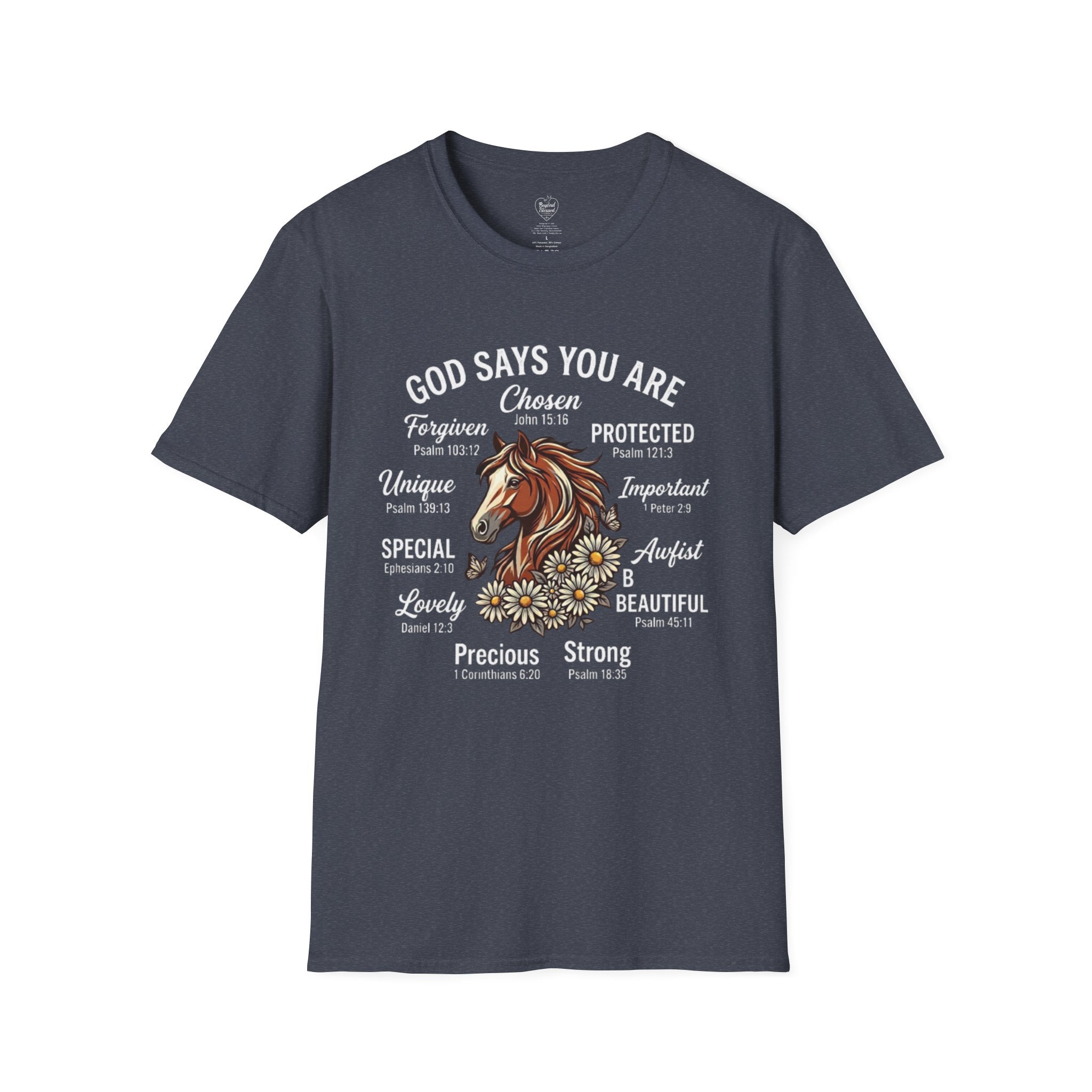 Christian T-Shirt — "God Says You Are" Inspirational Faith Tee Heather Navy