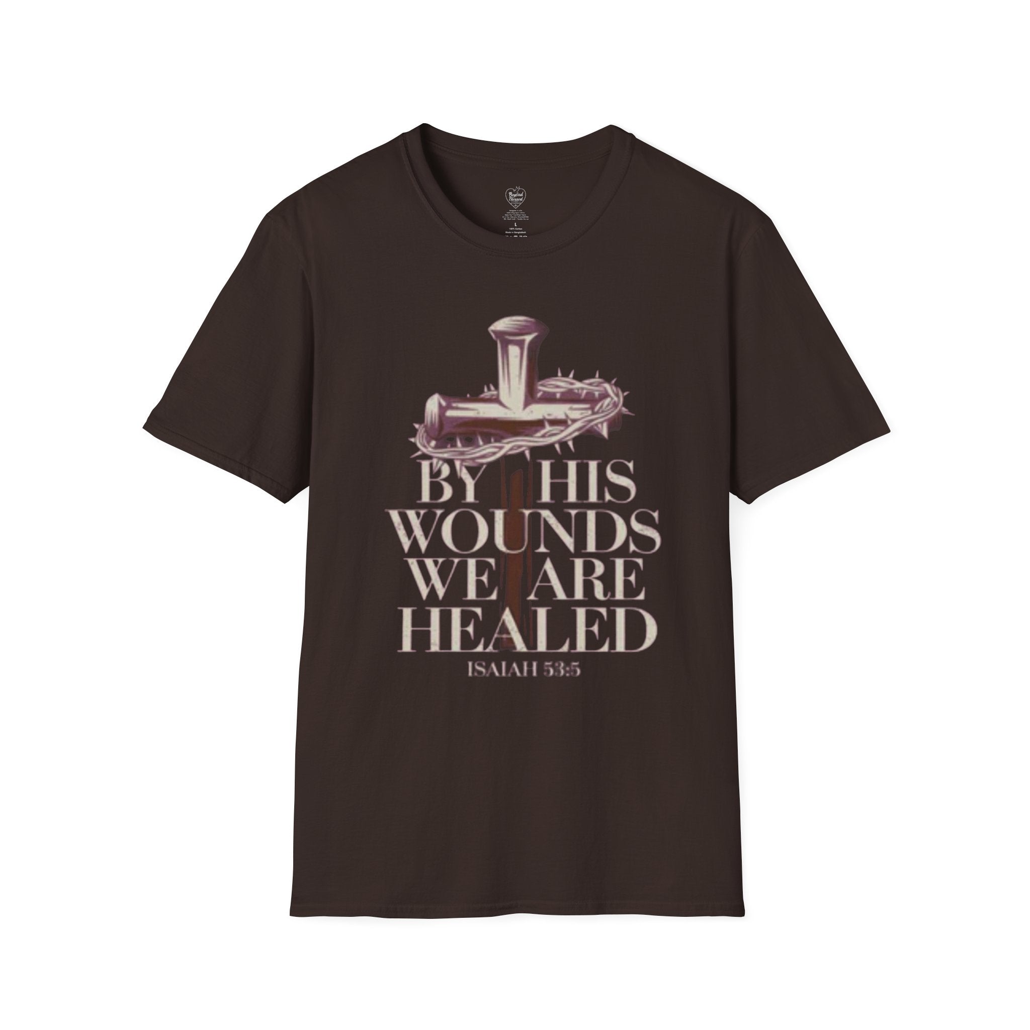 Isaiah 'By His Wounds We Are Healed' Cross T-Shirt Dark Chocolate
