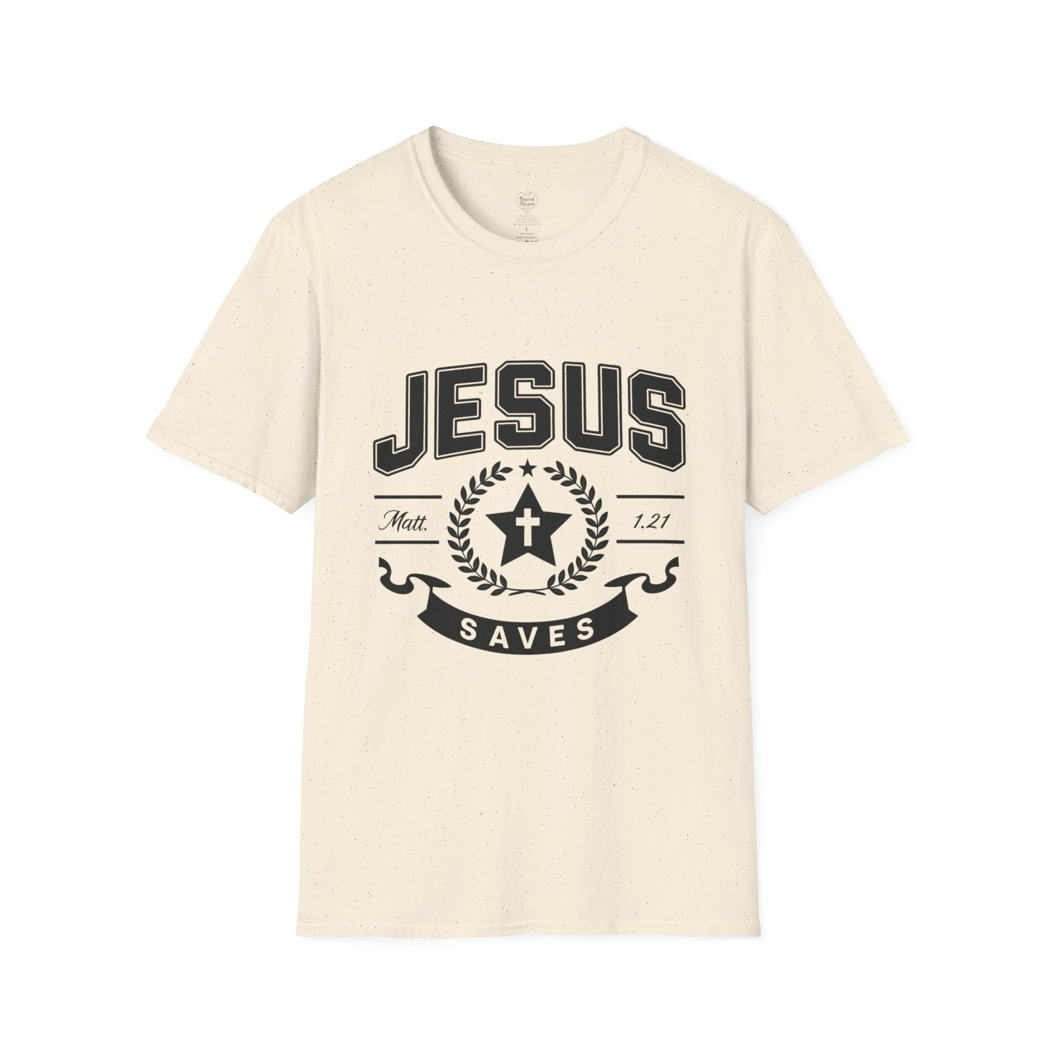 Jesus Saves Matthew 1:21 T-Shirt — Star & Cross Christian Tee Natural