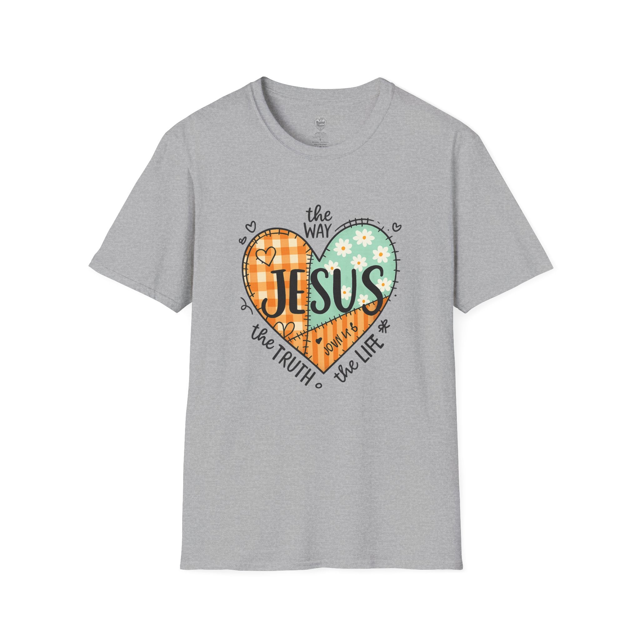 Jesus "The Way, The Truth, The Life" Patchwork Heart T-Shirt Sport Grey