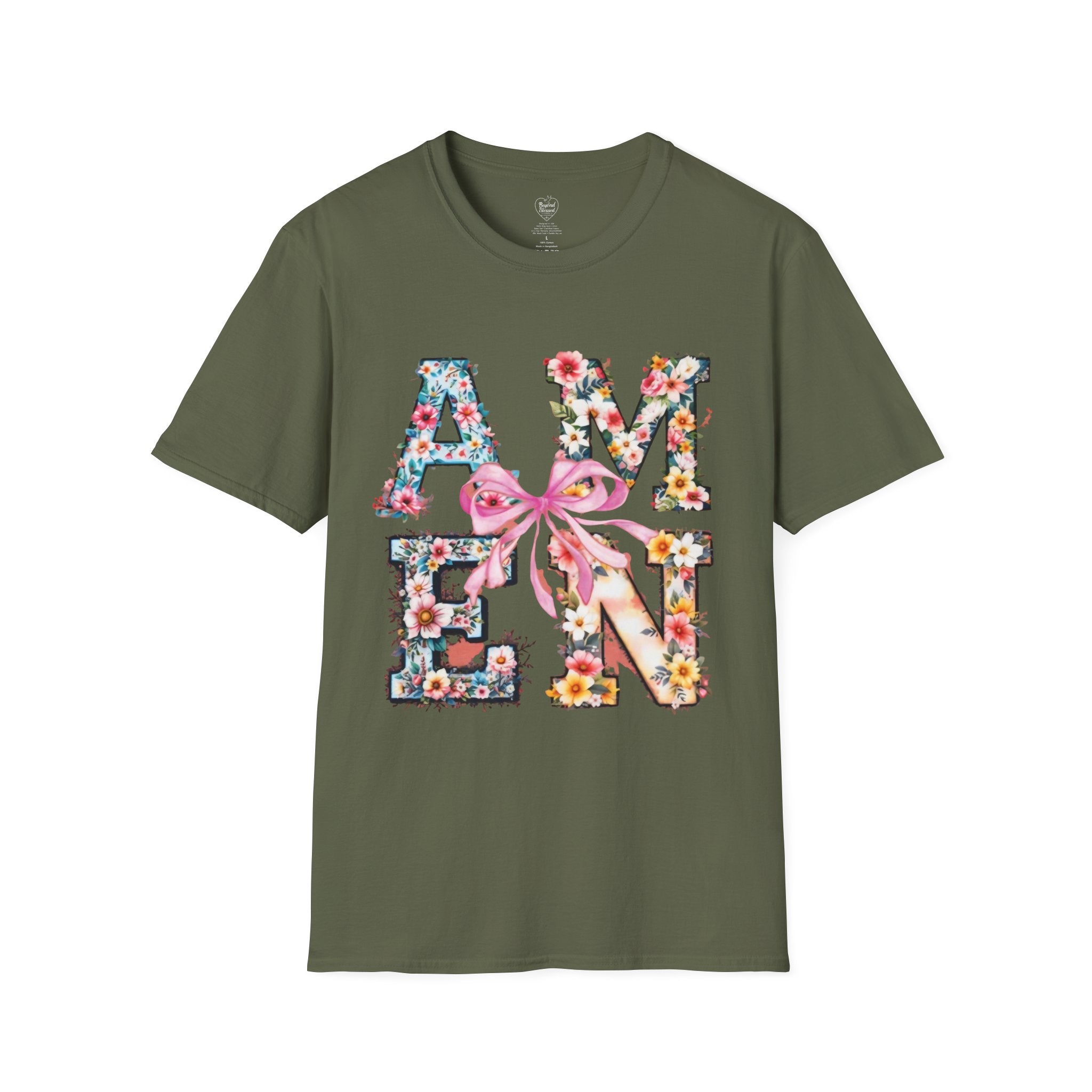 Amen Patchwork Flower Jesus T-Shirt Military Green