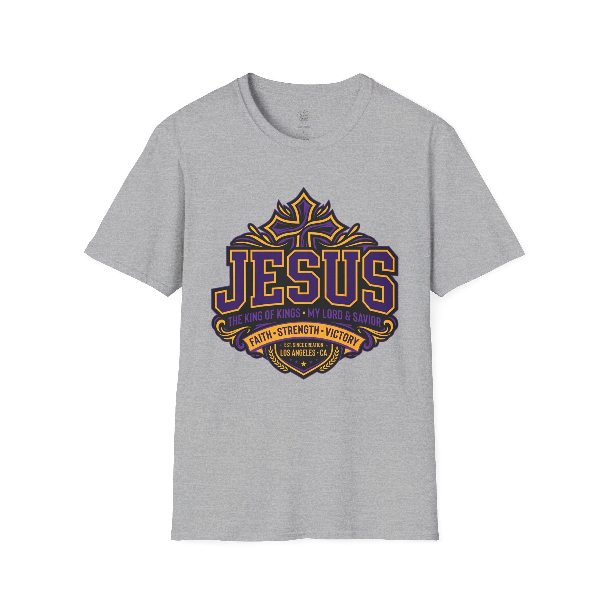 Jesus Christian T-Shirt — Purple & Gold Faith Tee Sport Grey