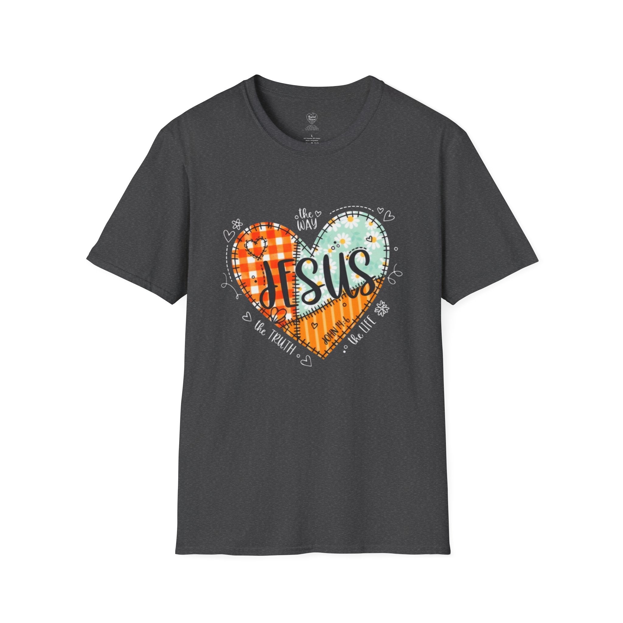Jesus "The Way, The Truth, The Life" Patchwork Heart T-Shirt Dark Heather