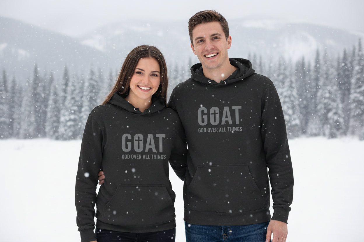 GOAT Hoodie Tee — "God Over All Things" Christian Long-Sleeve Hooded Shirt Charcoal Black TriBlend