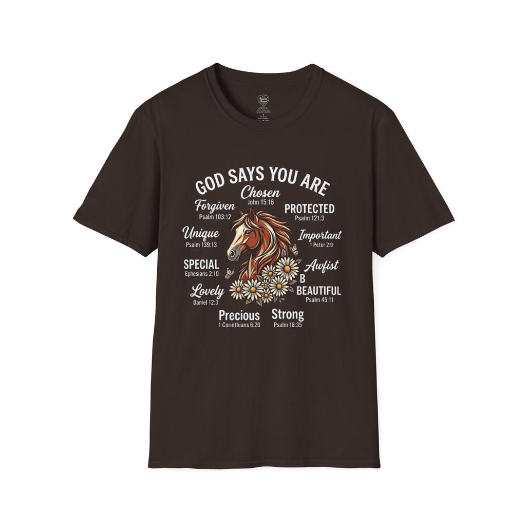 Christian T-Shirt — "God Says You Are" Inspirational Faith Tee Dark Chocolate