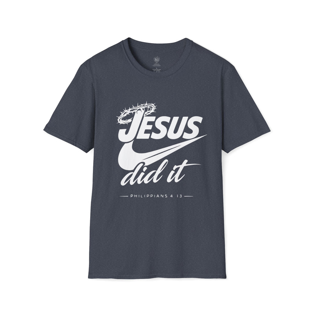 Jesus Did It T-Shirt 2— Philippians 4:13 Crown of Thorns Christian Tee Heather Navy