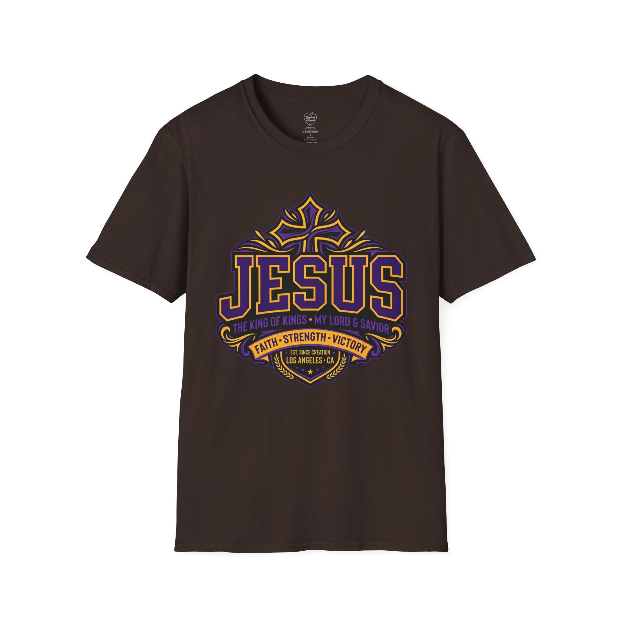 Jesus Christian T-Shirt — Purple & Gold Faith Tee Dark Chocolate