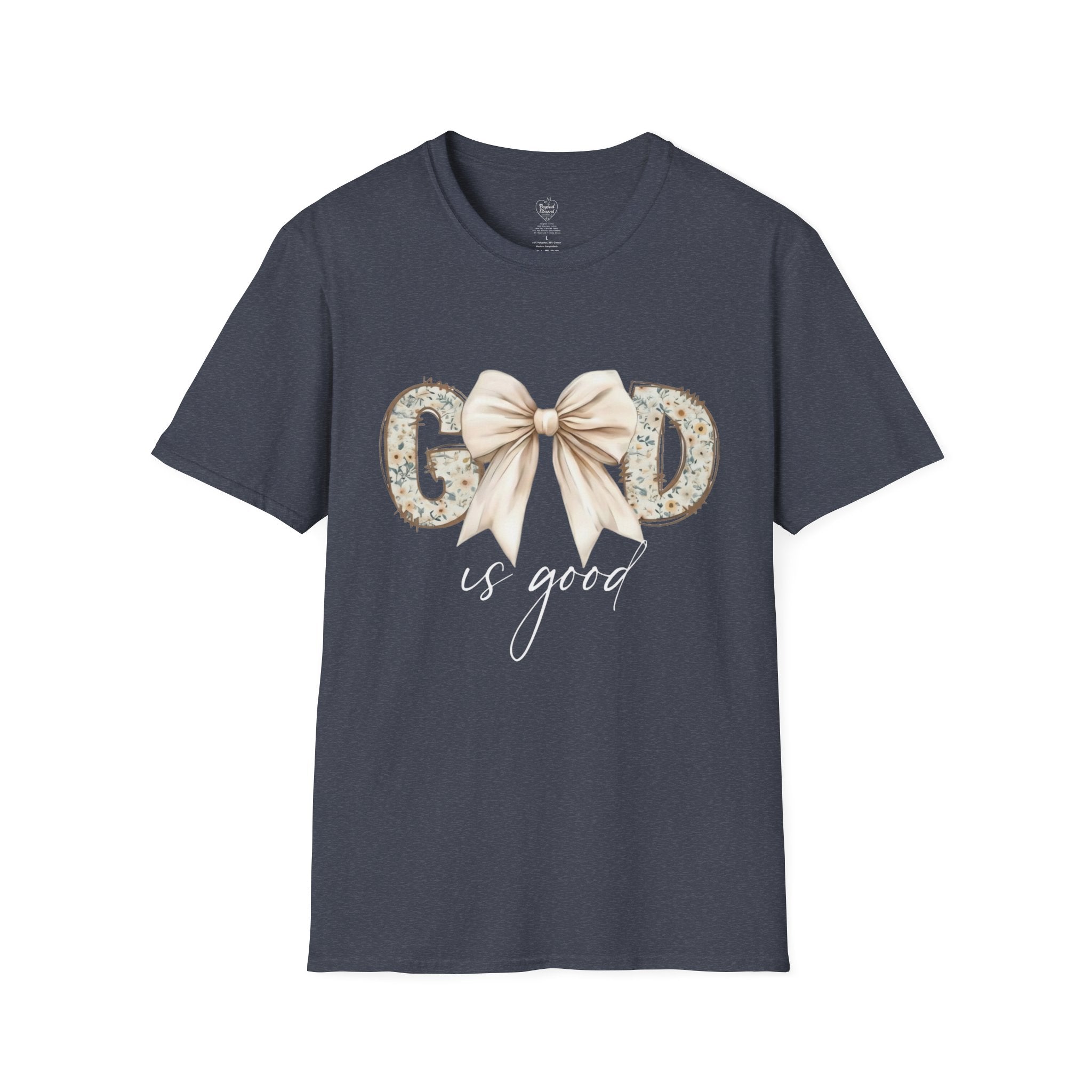 God Is Good Christian T‑Shirt – Floral Bow Faith Tee for Women Heather Navy